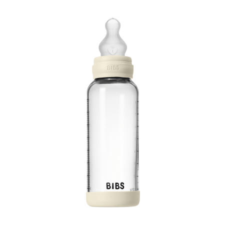 BIBS - Set complet biberon din sticla anticolici cu tetina din silicon, flux mediu, 240 ml, Ivory