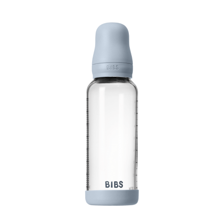 BIBS - Set complet biberon din sticla anticolici cu tetina din latex, flux mediu, 240 ml, Baby Blue