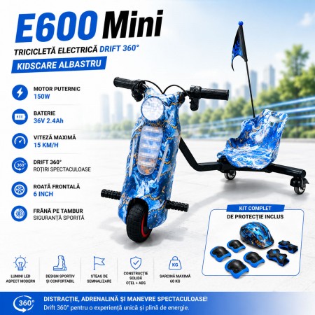 Tricicleta electrica Drift 360 KidsCare E600 Mini pentru copii, motor 150W, viteza maxima 15 km/h, baterie 36V 2.4Ah, lumini LED, roti drift, albastru, kit de protectie inclus