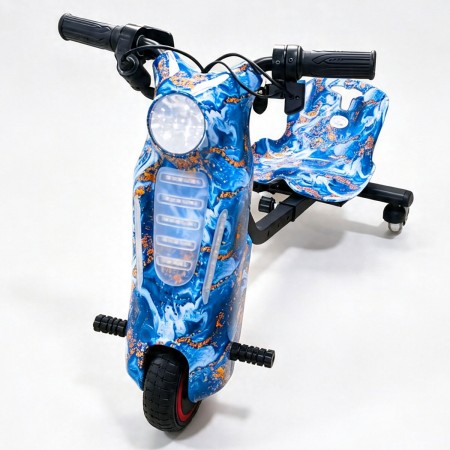 Tricicleta electrica Drift 360 KidsCare E600 Mini pentru copii, motor 150W, viteza maxima 15 km/h, baterie 36V 2.4Ah, lumini LED, roti drift, albastru, kit de protectie inclus