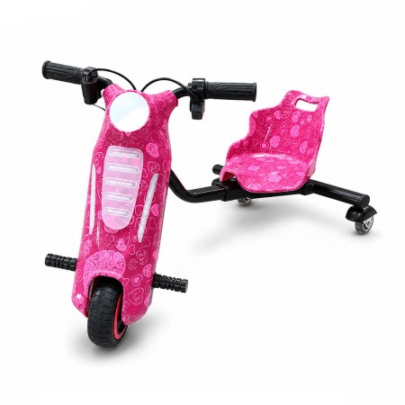 Tricicleta electrica Drift 360 KidsCare E600 Mini pentru copii, motor 150W, viteza maxima 15 km/h, baterie 36V 2.4Ah, lumini LED, roti drift, roz, kit de protectie inclus