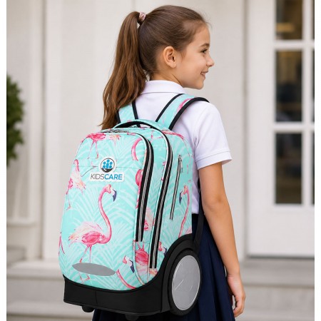Ghiozdan cu roti 2 in 1, KidsCare Flamingo, troler scolar cu maner telescopic si roti mari pline, rucsac pentru copii, turcoaz/roz