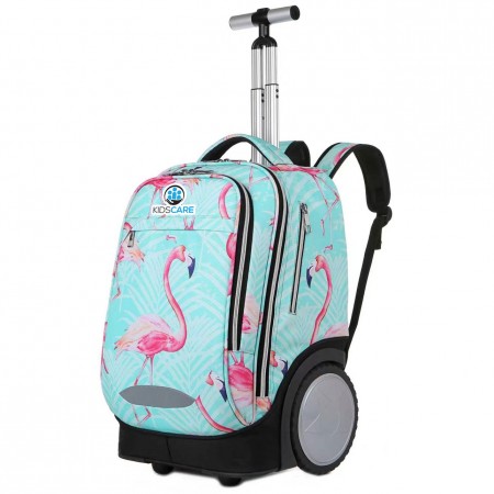 Ghiozdan cu roti 2 in 1, KidsCare Flamingo, troler scolar cu maner telescopic si roti mari pline, rucsac pentru copii, turcoaz/