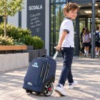 Troler scolar pentru copii KidsCare Navy, cu maner telescopic si roti mari cu spite, Bleumarin