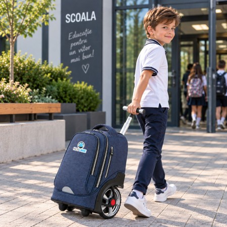Troler scolar pentru copii KidsCare Navy, cu maner telescopic si roti mari cu spite, Bleumarin