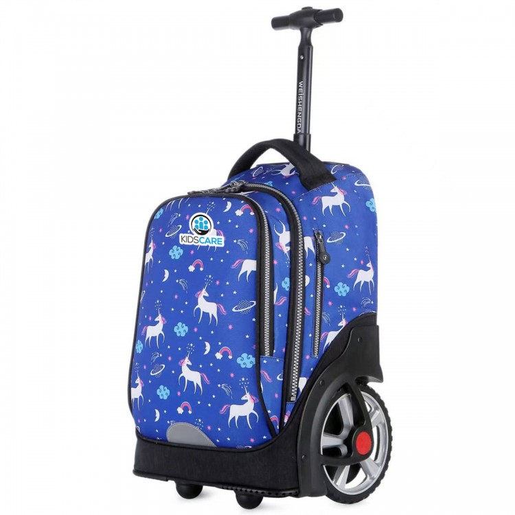 Troler scolar pentru copii KidsCare Uniconi, cu maner telescopic si roti mari cu spite, albastru