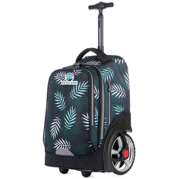 Troler scolar pentru copii KidsCare Frunze, cu maner telescopic si roti mari cu spite, verde