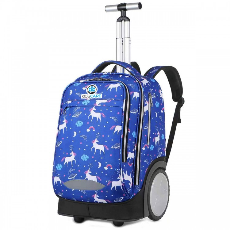 Ghiozdan cu roti 2 in 1, KidsCare Uniconi, troler scolar cu maner telescopic si roti mari pline