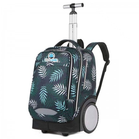 Ghiozdan cu roti 2 in 1, KidsCare Frunze, troler scolar cu maner telescopic si roti mari pline