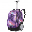 Ghiozdan cu roti 2 in 1, KidsCare Cosmos, troler scolar cu maner telescopic si roti mari pline, rucsac pentru copii, roz/violet