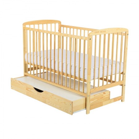 Patut din lemn bebe, 120x60 cm, Cu sertar cu capac, Din lemn de pin si mdf, Stabil si rezistent, Inaltime saltea reglabila pe 3 nivele, Laterala cu 3 bete detasabile, EN716-1, EN716-2, Natur, Babyneeds, Ola