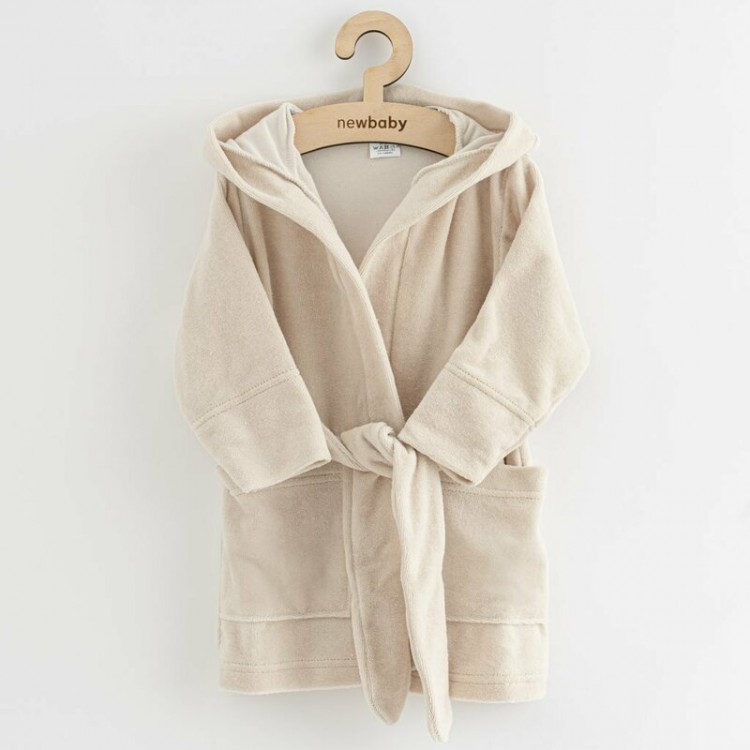 Halat de baie copii New Baby Comfortably, cu gluga, buzunare si cordon, beige, bumbac 100%, marime 104/110
