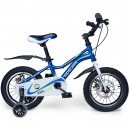 Bicicleta pentru copii 3-6 ani HappyCycles KidsCare, roti 14 inch, cu roti ajutatoare si frane pe disc, albastru