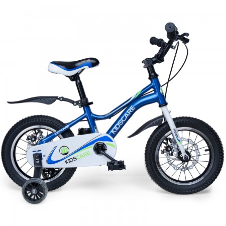 Bicicleta pentru copii 5-8 ani HappyCycles KidsCare, roti 16 inch, cu roti ajutatoare si frane pe disc, albastru