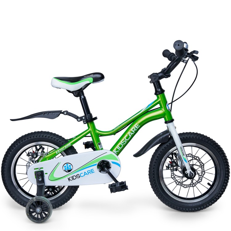 Bicicleta pentru copii 2-4 ani HappyCycles KidsCare, roti 12 inch, cu roti ajutatoare si frane pe disc, verde