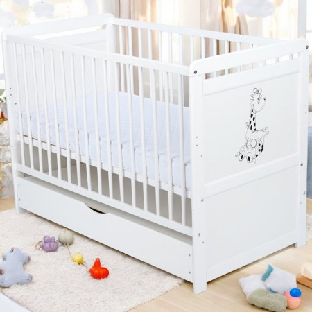 Patut bebe transformabil Babyneeds Nadia II Girafa, 120x60 cm, alb, sertar, saltea reglabila, 3 bete detasabile
