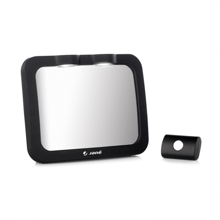 Oglinda auto, Jane, Pentru masina, Cu iluminare LED, Include telecomanda pentru pornire si oprire usoara, Din sticla rezistenta la spargere, 28 x 7 x 20 cm, Black