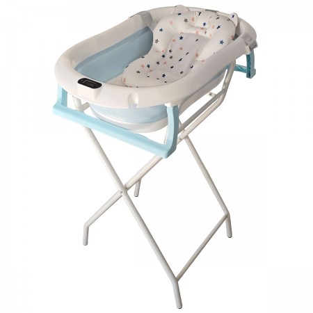 Cadita pliabila bebelusi albastra, suport metalic KidsCare, termometru, perna reductor, jucarii, protectie cap, cana pliabila