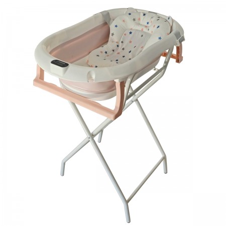 Cadita pliabila roz cu suport metalic KidsCare, termometru, perna reductor, jucarii, protectie cap, cana pliabila