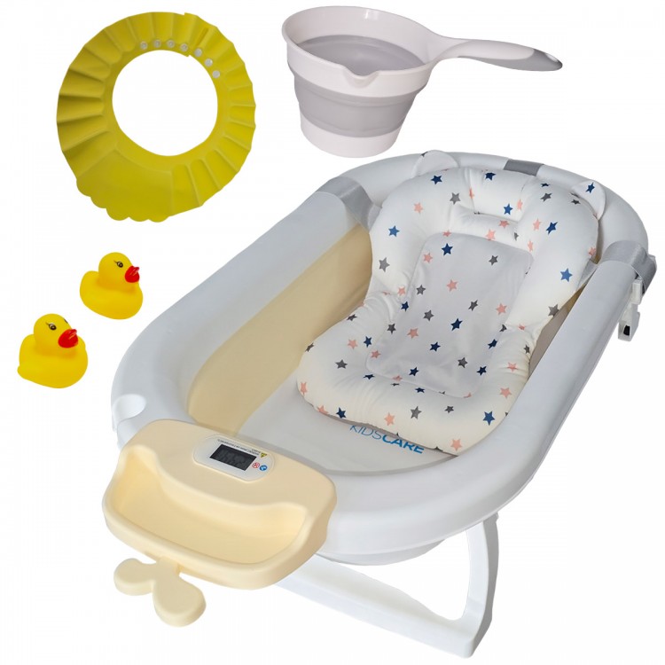 Cadita pliabila bej KidsCare, termometru, perna reductor, jucarii, protectie cap, cana pliabila