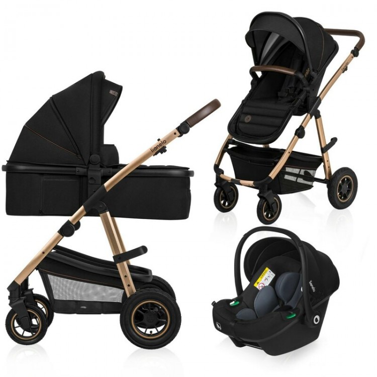 Carucior 3 in 1 Lionelo Amber Negru Onyx, cadru aluminiu, scoica auto ADAC, reversibil, 22 kg