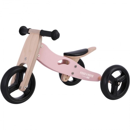 Bicicleta/tricicleta fara pedale, Free2Move, Din lemn, 2 in 1, Functie de bicicleta echilibru, Scaun reglabil, Roti ajustabile, Manere antiderapante, Varsta 1-3 ani, Conform cu standardele europene EN71-1:2018, EN71-2:2020, EN71-3:2021, Dusty Pink
