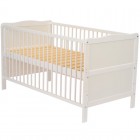 Patut din lemn bebe, Transformabil si pentru junior, 140x70 cm, Din lemn de pin si mdf, Stabil si rezistent, Inaltime saltea reglabila pe 3 nivele, Laterala cu 3 bete detasabile, EN716-1, EN716-2, Alb, Babyneeds, Nadia