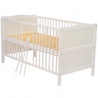 Patut din lemn bebe, Transformabil si pentru junior, 140x70 cm, Din lemn de pin si mdf, Stabil si rezistent, Inaltime saltea reglabila pe 3 nivele, Laterala cu 3 bete detasabile, EN716-1, EN716-2, Alb, Babyneeds, Nadia