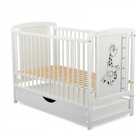 Patut lemn bebe BabyNeeds Timmi Girafa Alb cu sertar, 120x60 cm, saltea cocos 8 cm