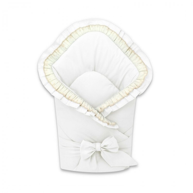 Paturica de infasat, MimiNu, Cu volanase si dantela, Cu multiple utilizari, Cu inchidere cu panglica, Dimensiune 75x75 cm, Din bumbac certificat Oeko Tex Standard 100, White