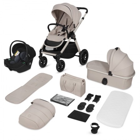 Carucior 3 in 1, Lionelo, Layla, Pana la 22 kg, Cadru aluminiu, Cu landou intarit si salteluta din spuma AirDots, Cu scoica auto testata ADAC, Reversibil, Cu ventilatie 3D, Cu accesorii, EN1888-1, EN1888-2, EN1466, Bej